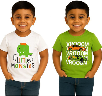 GUCHU Boys Graphic Print Pure Cotton Regular, Slim T Shirt(White, Green, Pack of 2)