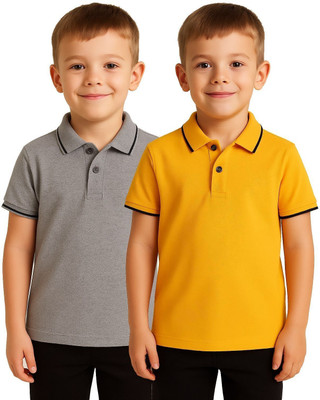 Fasla Boys Self Design Cotton Blend Regular T Shirt(Grey, Yellow, Pack of 2)