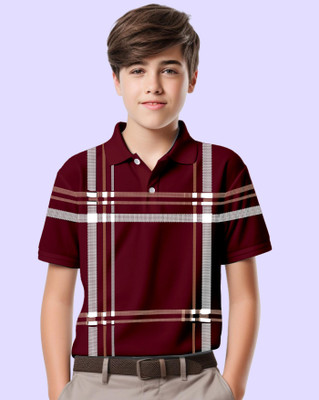AUSK Boys Checkered Cotton Blend Regular T Shirt(Maroon, Grey, Pack of 1)