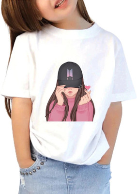 View N Print Girls Printed Polyester Regular T Shirt(White, Pack of 1)