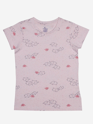 Kiddo Paanti Girls Printed Pure Cotton Regular T Shirt(Multicolor, Pack of 1)