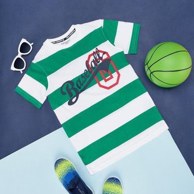 Pantaloons Junior Boys Typography, Printed, Striped Pure Cotton Regular T Shirt(Green, Pack of 1)