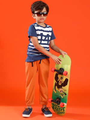 TALES & STORIES Boys Striped Pure Cotton Regular T Shirt(Blue, Pack of 1)