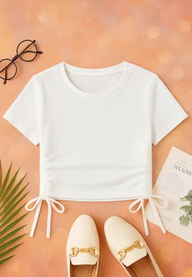 CROP ZONE Girls Solid Cotton Blend Regular T Shirt(White, Pack of 1)