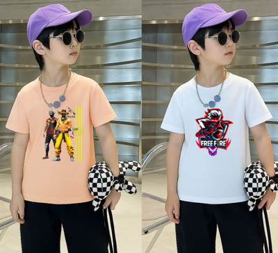 Lecowar Boys Printed Polyester Regular T Shirt(Pink, White, Pack of 2)