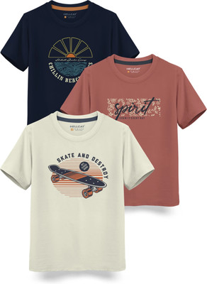 Hellcat Boys Printed Cotton Blend Regular T Shirt(Beige, Pack of 3)