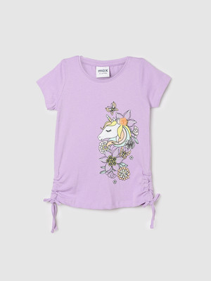 MAX Girls Printed Pure Cotton Regular T Shirt(Purple, Pack of 1)