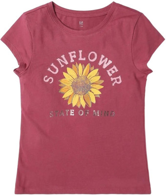 GAP Girls Graphic Print Organic Cotton Regular T Shirt(Maroon, Pack of 1)