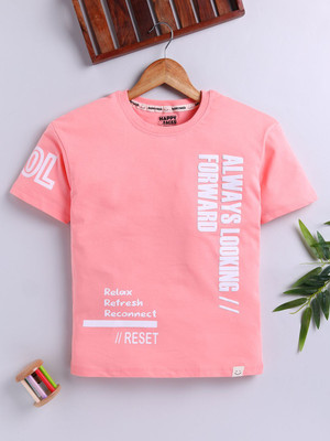 Happy Faces Boys Self Design Pure Cotton Regular T Shirt(Pink, Pack of 1)