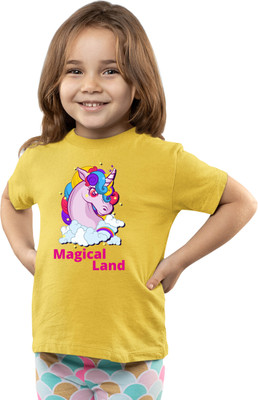 Printabulous Girls Printed Pure Cotton Regular T Shirt(Yellow, Pack of 1)