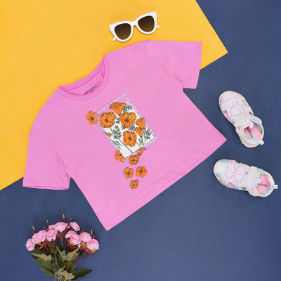 Pantaloons Junior Girls Printed Pure Cotton Regular T Shirt(Purple, Pack of 1)