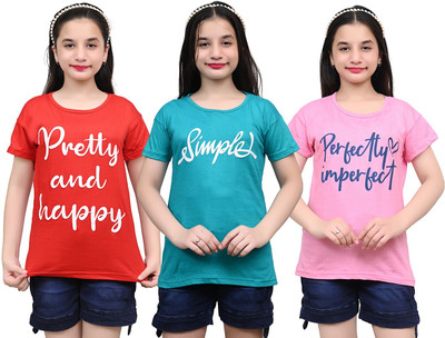 TVESA Girls Printed Cotton Blend Regular T Shirt(Multicolor, Pack of 3)