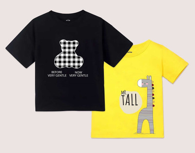 AALEKH Baby Boys & Baby Girls Printed Pure Cotton Regular T Shirt(Black, Yellow, Pack of 2)