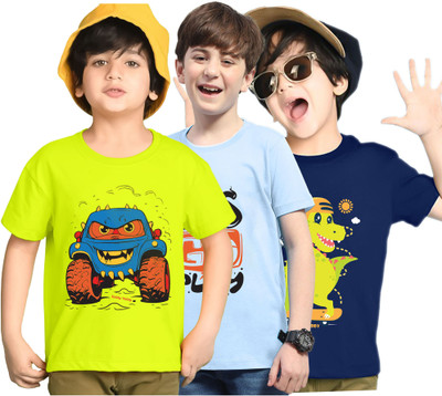 Kiddy Viddy Boys Printed Cotton Blend Regular T Shirt(Multicolor, Pack of 3)