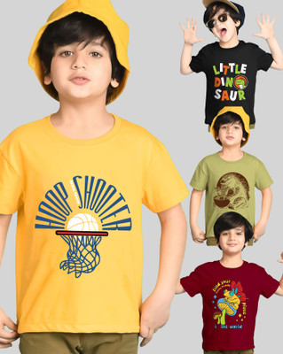 AUSK Boys Printed Cotton Blend Regular T Shirt(Green, Black, Pack of 4)
