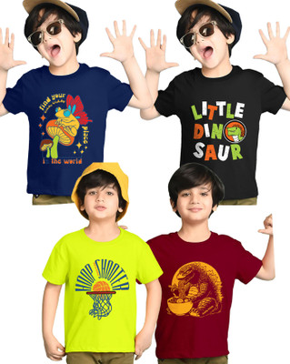 Kiddy Viddy Boys Printed Cotton Blend Regular T Shirt(Multicolor, Pack of 4)