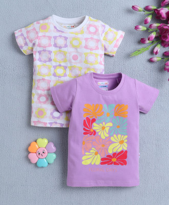BUMZEE Girls Floral Print Pure Cotton Regular T Shirt(Purple, Pack of 2)