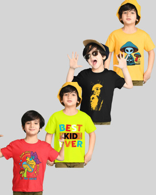 AOOSH Boys Printed Cotton Blend Regular T Shirt(Red, Black, Pack of 4)