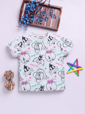 Happy Faces Baby Girls Typography Pure Cotton Regular T Shirt(White, Pack of 1)