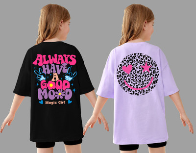 KEESOR Girls Printed Cotton Blend Oversized T Shirt(Multicolor, Pack of 2)