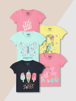 MAX Baby Girls Printed Pure Cotton Regular T Shirt(Multicolor, Pack of 5)