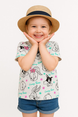 Happy Faces Girls Typography Pure Cotton Regular T Shirt(Light Green, Pack of 1)