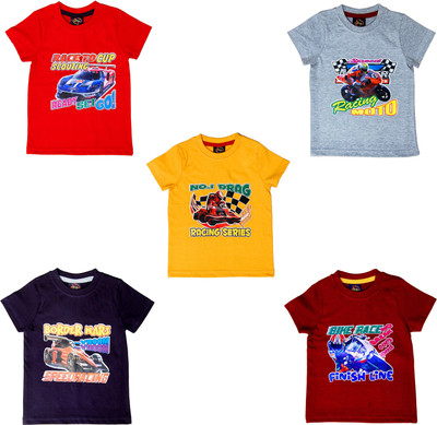 Trendy Park Boys Printed Pure Cotton Regular T Shirt(Red, Pack of 5)