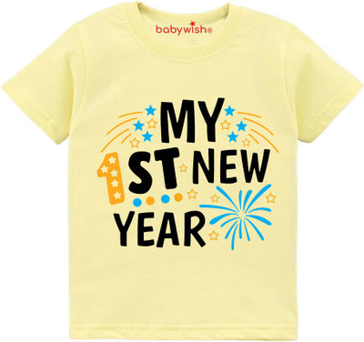 Babywish Boys Typography, Printed Cotton Blend Regular T Shirt(Yellow, Pack of 1)