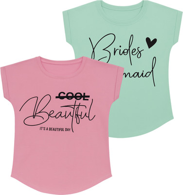 Fasla Girls Self Design Cotton Blend Regular T Shirt(Green, Pink, Pack of 2)