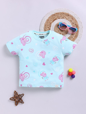 Happy Faces Baby Girls Typography Pure Cotton Regular T Shirt(Green, Pack of 1)