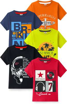 Kuchipoo Boys Printed Cotton Blend Regular T Shirt(Multicolor, Pack of 5)