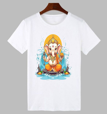 KPPRINT Boys Printed Cotton Blend Regular T Shirt(White, Pack of 1)
