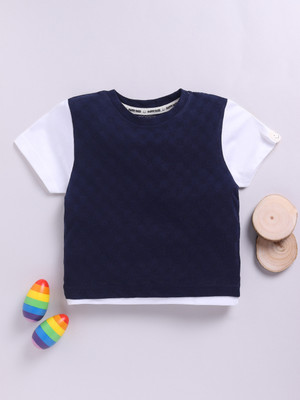 Happy Faces Baby Boys Checkered Cotton Blend Regular T Shirt(Dark Blue, Pack of 1)