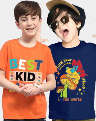 AOOSH Boys Graphic Print Cotton Blend Regular T Shirt(Orange, Blue, Pack of 2)