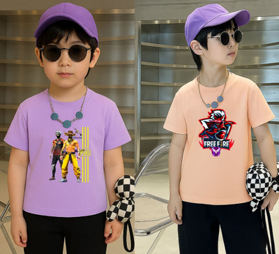 Lecowar Boys Printed Polyester Regular T Shirt(Purple, Pink, Pack of 2)
