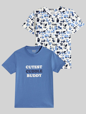 Nyker Boys Printed Cotton Blend Regular T Shirt(Blue, Pack of 2)