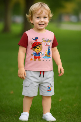 IG FASHION Baby Boys & Baby Girls Graphic Print Pure Cotton Regular T Shirt(Pink, Pack of 1)