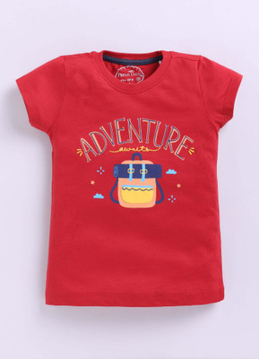 Parrot Crow Girls Printed Pure Cotton Regular T Shirt(Red, Pack of 1)