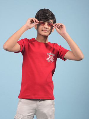 CRIMSOUNE CLUB Boys Graphic Print Pure Cotton Slim T Shirt(Red, Pack of 1)