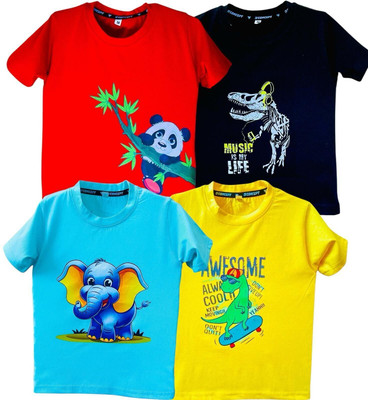 Styks Baby Boys & Baby Girls Printed Cotton Blend Regular T Shirt(Yellow, Red, Pack of 4)