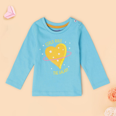 BabiesRus Baby Girls Printed Pure Cotton Regular T Shirt(Blue, Pack of 1)