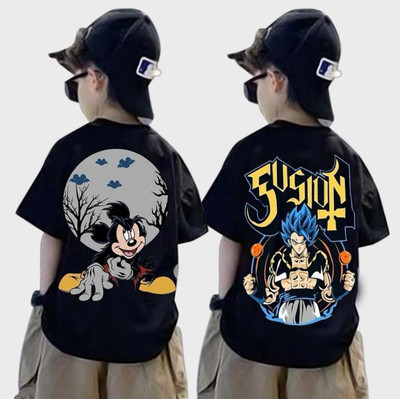 DOODEEKIDS Boys Graphic Print Pure Cotton Oversized T Shirt(Black, Pack of 2)