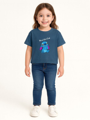 YK Disney Girls Printed Pure Cotton Regular T Shirt(Blue, Pack of 1)