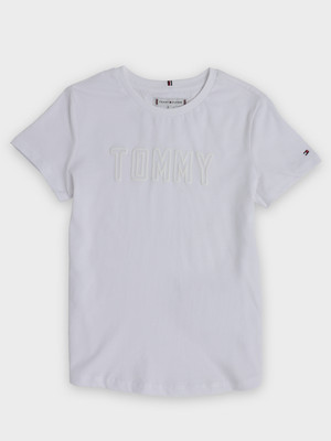 TOMMY HILFIGER Girls Graphic Print Pure Cotton Slim T Shirt(White, Pack of 1)