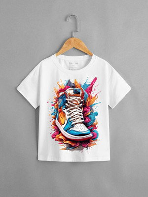 kp Boys & Girls Printed Cotton Blend Regular T Shirt(White, Pack of 1)