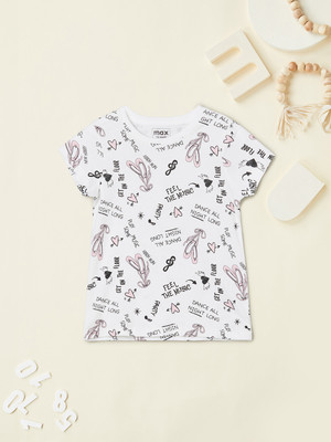 MAX Girls Printed Pure Cotton Regular T Shirt(Beige, Pack of 1)