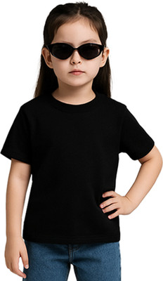 doodleberry Girls Solid Cotton Blend Regular T Shirt(Black, Pack of 1)