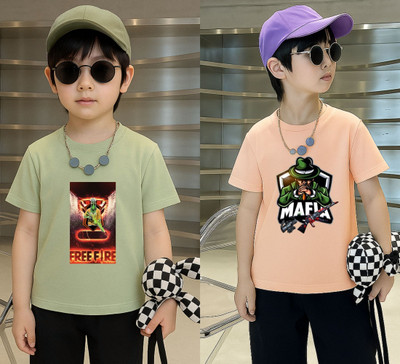 Lecowar Boys Printed Polyester Regular T Shirt(Green, Pink, Pack of 1)