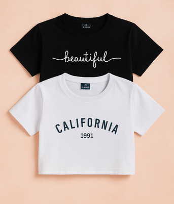 Prinsoo Girls Printed Cotton Blend Regular T Shirt(Black, Pack of 2)