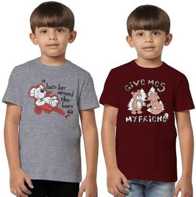Texman Boys Printed Pure Cotton Regular T Shirt(Grey, Pack of 2)
